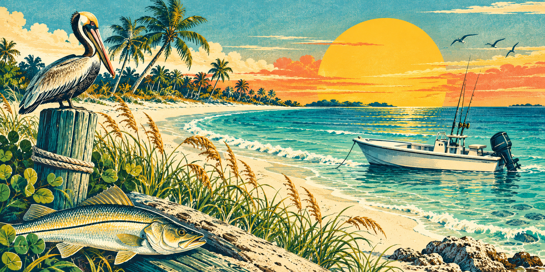 Original vintage postcard illustration of a Florida beach, with a pelican, fishing skiff, palm trees and a golden sun